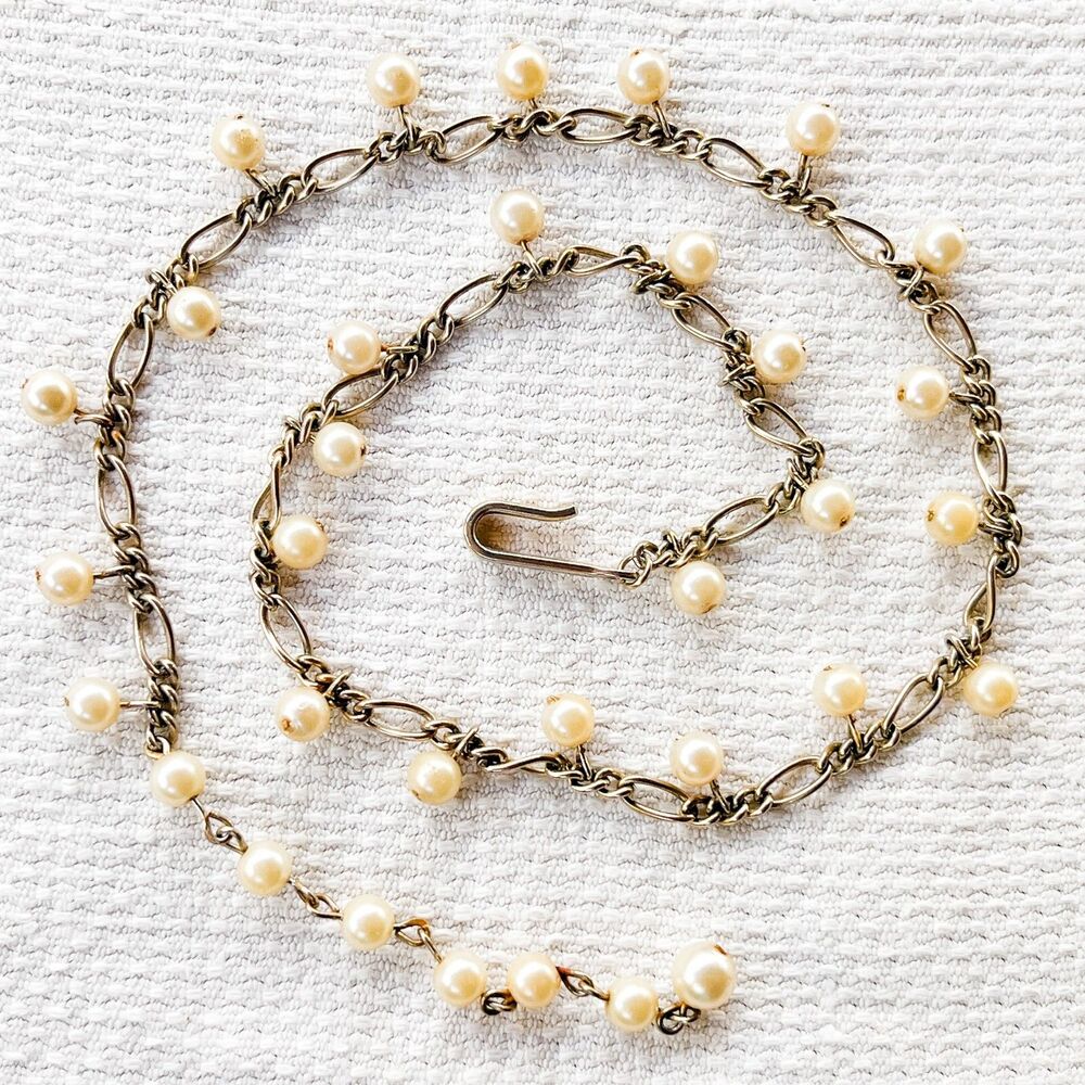 Vintage 1950s Imitation Pearl & Figaro Chain Necklace - Estate Costume Jewelry